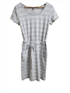 Pact Light Gray and White Striped Short Sleeve Tie-Waist Dress